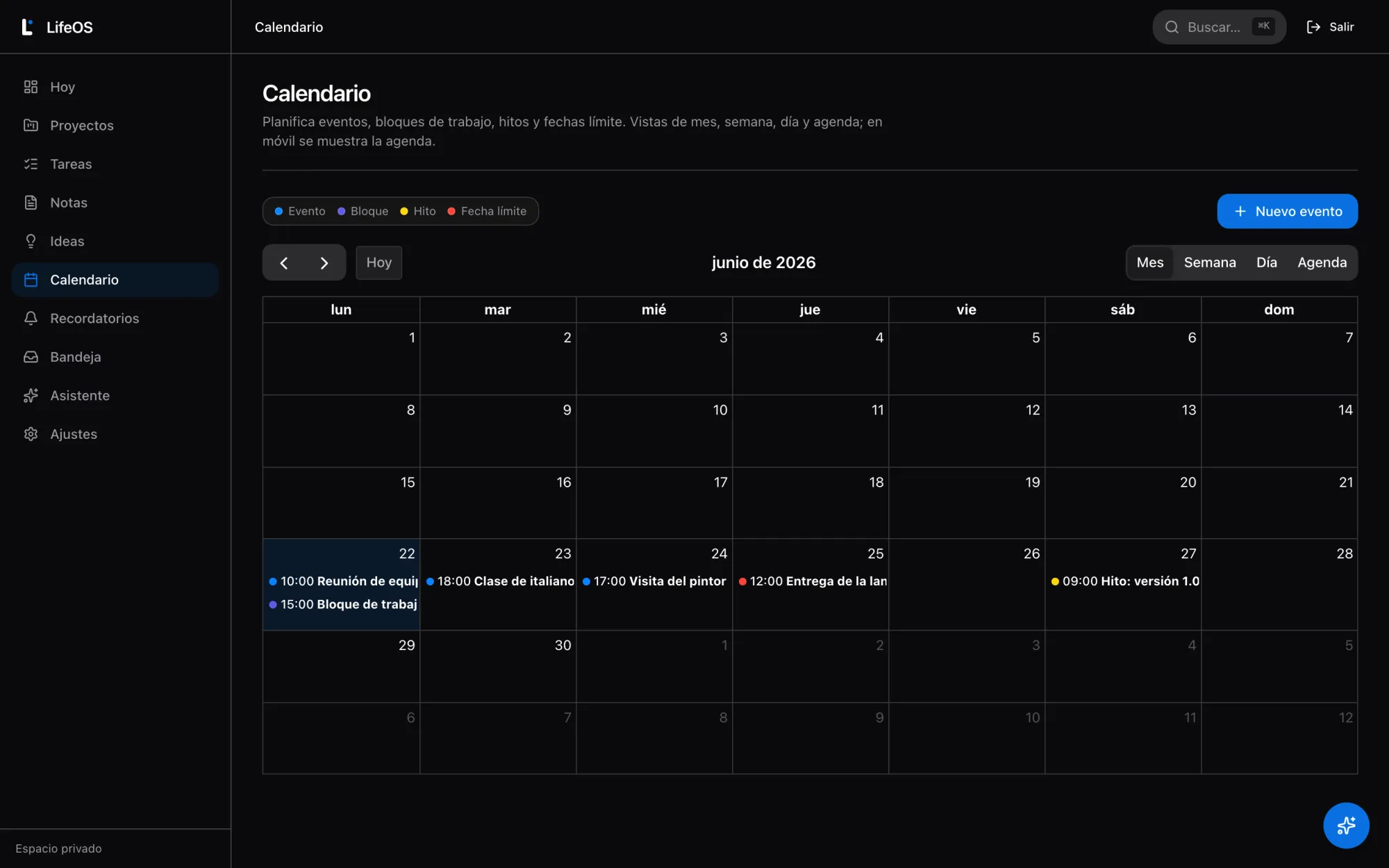 Calendario de LifeOS en vista de mes con eventos coloreados por tipo