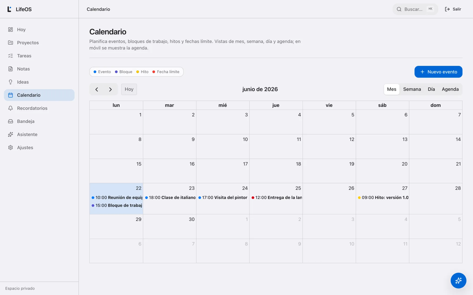 Calendario de LifeOS en vista de mes con eventos coloreados por tipo