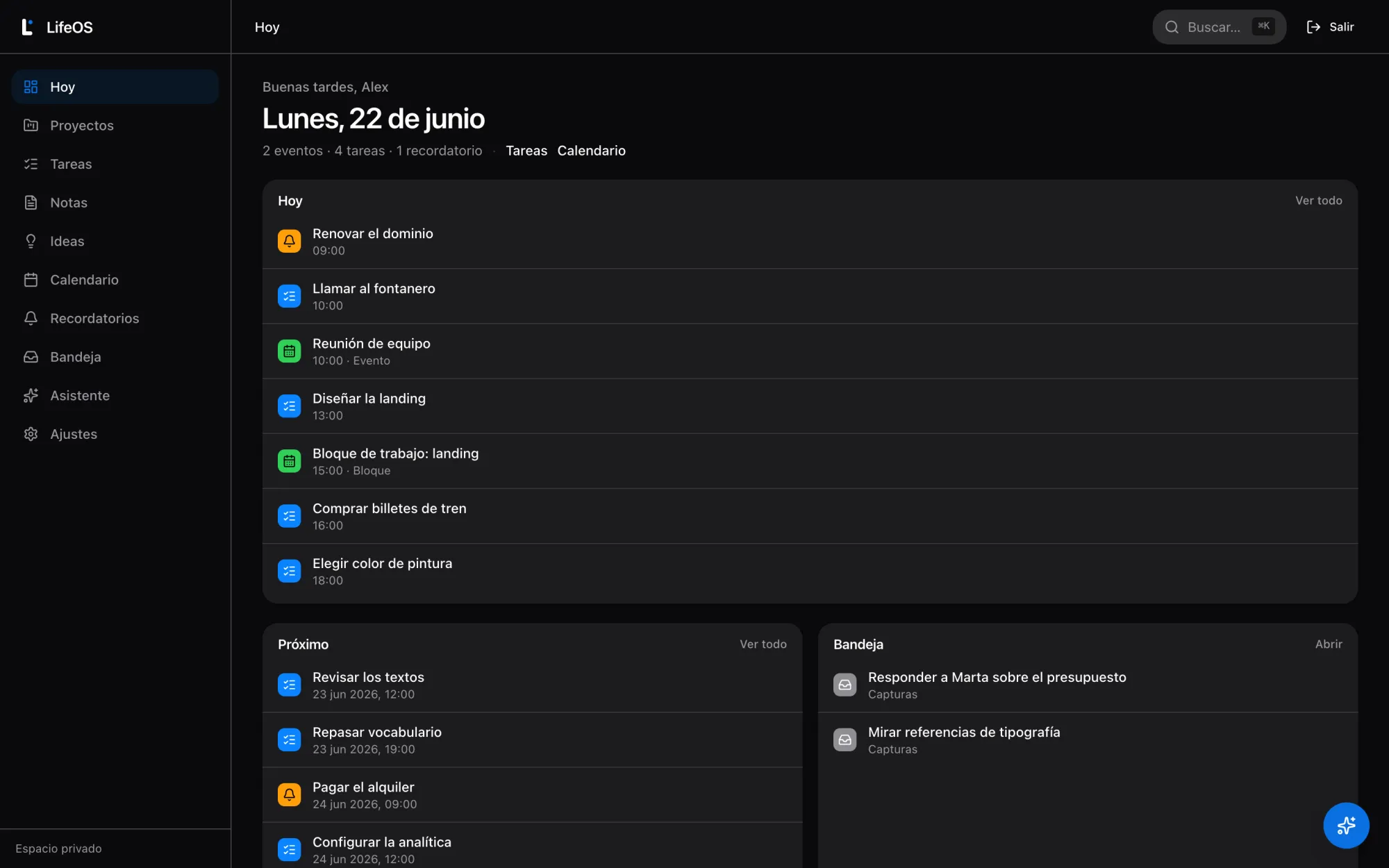Panel de Hoy de LifeOS con el saludo, la agenda del día, lo próximo y la bandeja